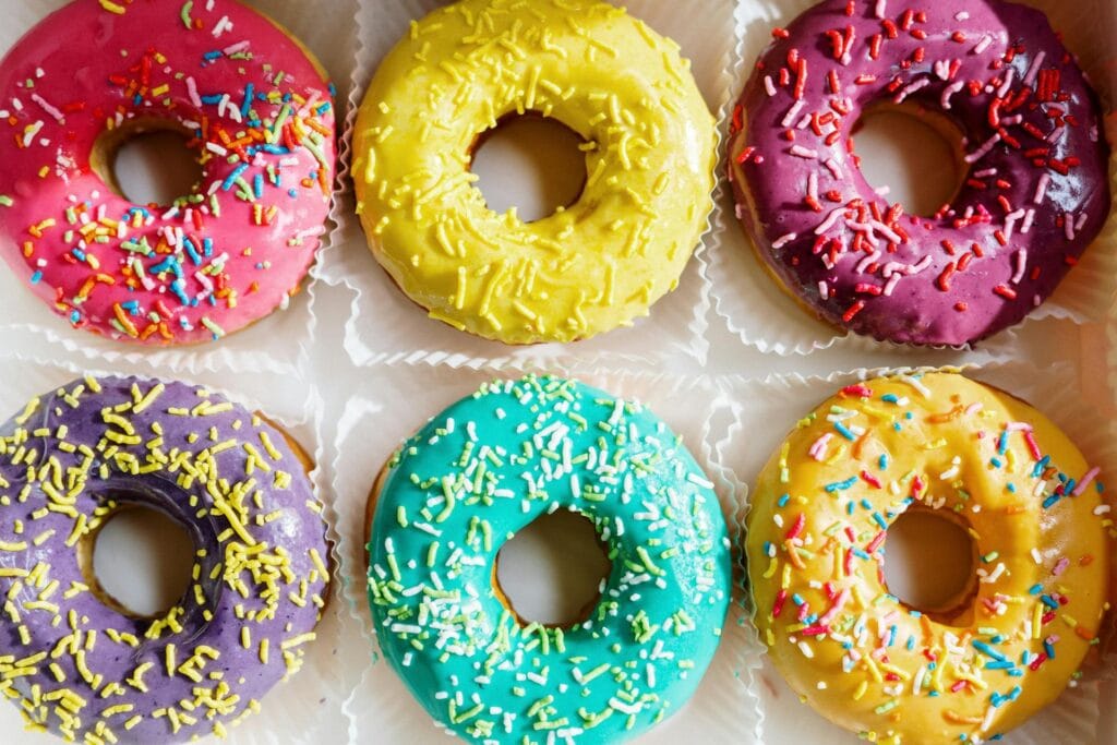 Box with colorful doughnuts