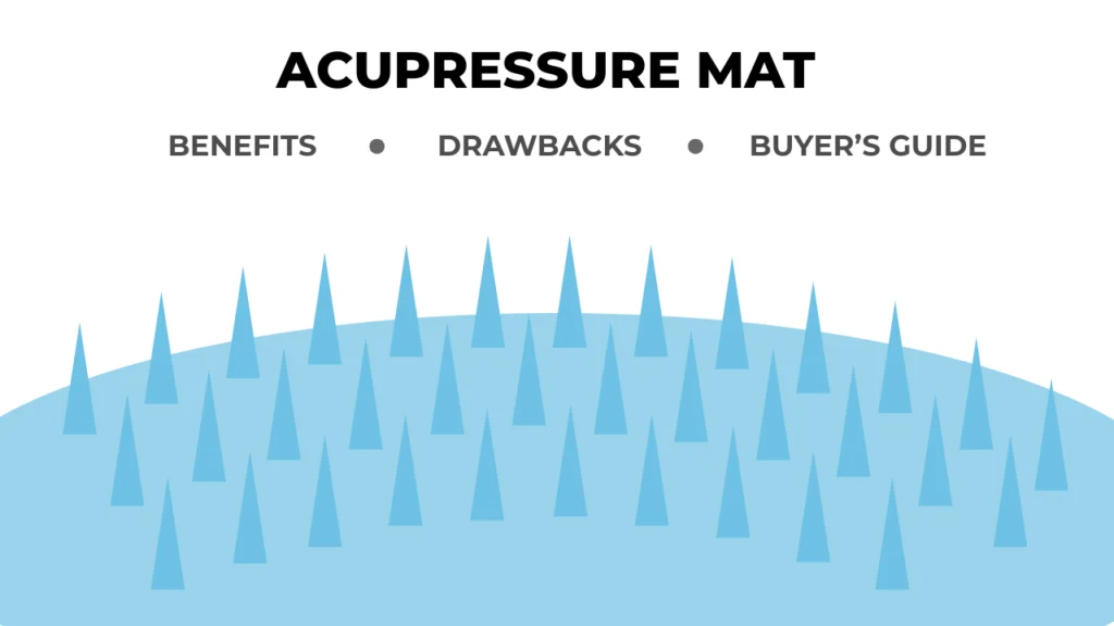 Infographic about acupressure mats. The title reads 'Acupressure Mat'. Below it are three sections labeled 'Benefits', 'Drawbacks', and 'Buyer’s Guide', separated by dots. At the bottom, stylized blue spikes represent the surface of an acupressure mat."