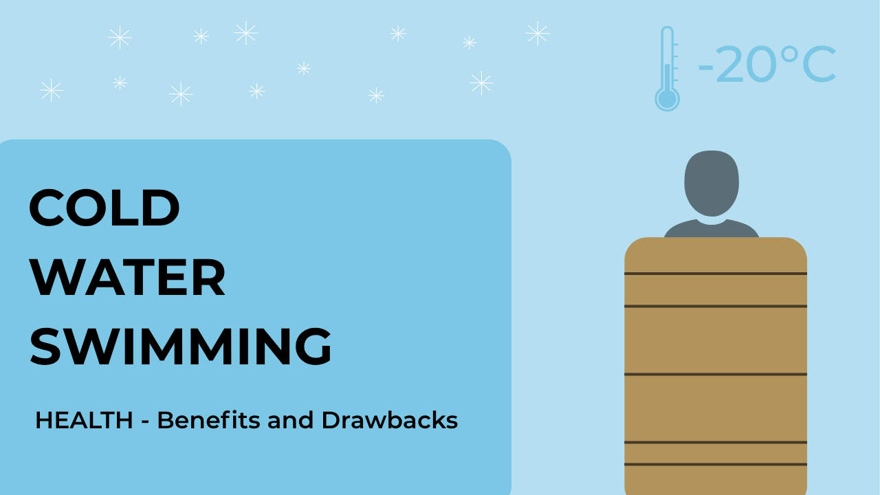 Infographic about cold water swimming. On the left, the text reads: 'Cold Water Swimming – Health: Benefits and Drawbacks'. On the right, a person is immersed in a wooden barrel, with a thermometer showing -20°C. Snowflake icons are scattered across a light blue background.