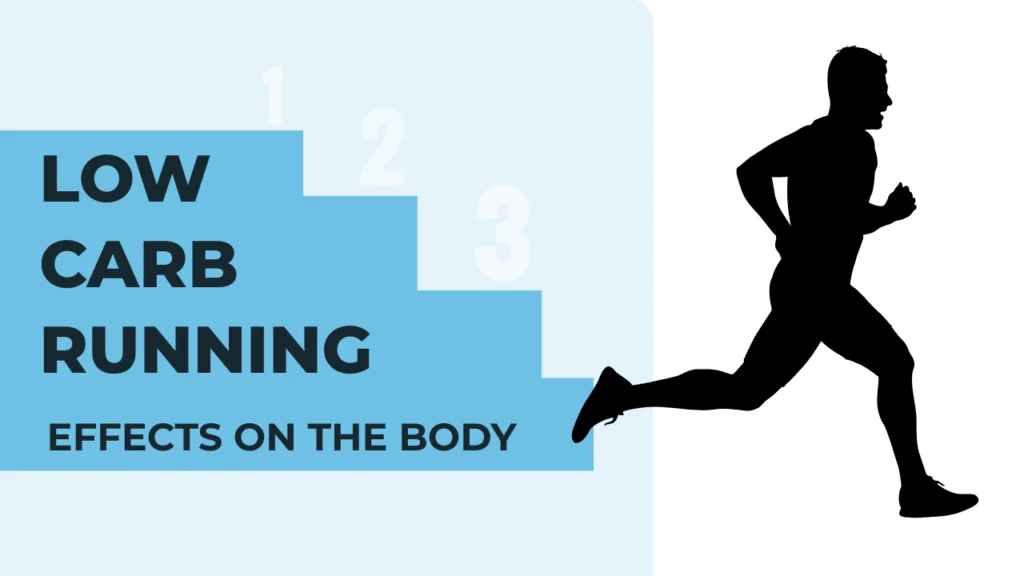 Silhouette of a man running next to a blue staircase graphic with the text 'Low Carb Running – Effects on the Body
