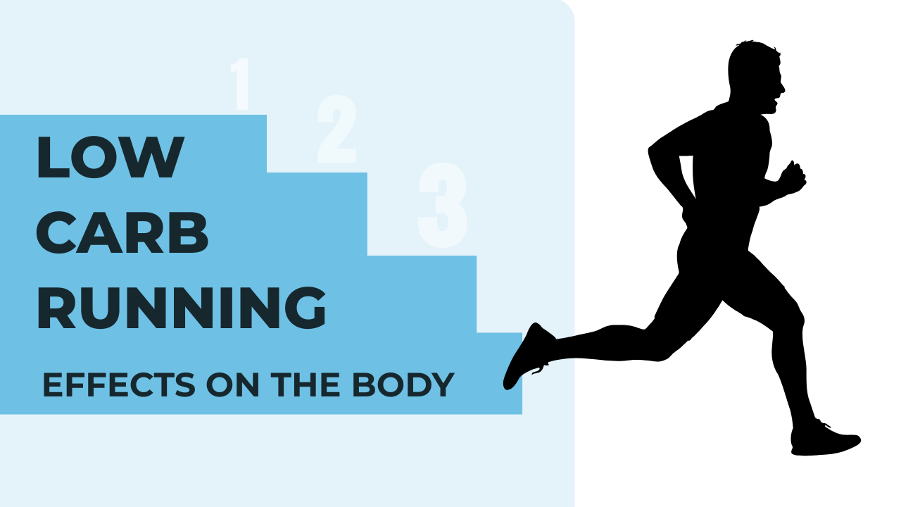 Silhouette of a man running next to a blue staircase graphic with the text 'Low Carb Running – Effects on the Body