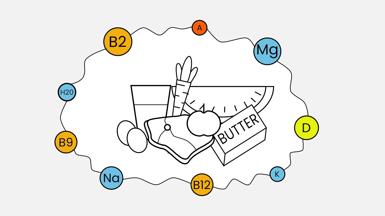 Illustration of various foods such as butter, eggs, milk, carrots, and cheese surrounded by colorful circles with nutrient labels including vitamins A, B2, B9, B12, D, magnesium, sodium, potassium, and water (H₂O), on a gray background.