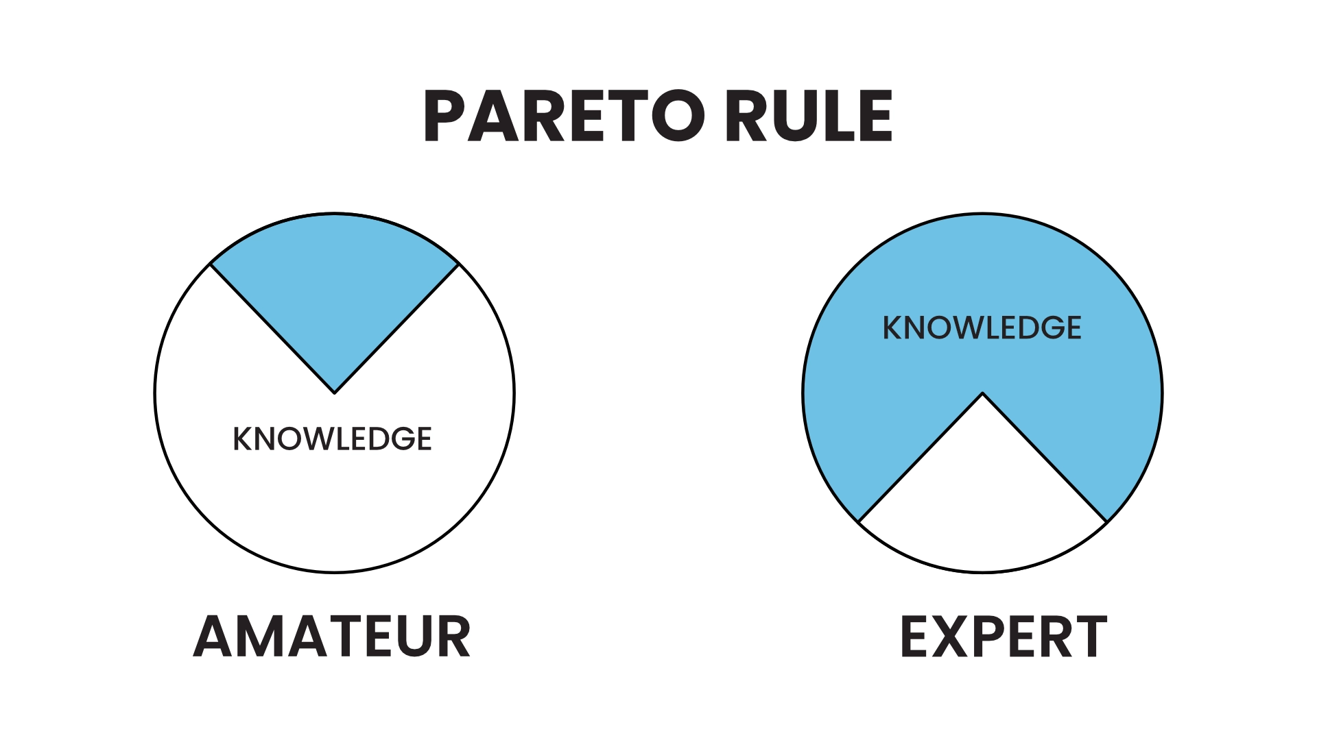 Visual explanation of the Pareto rule comparing amateur and expert levels of knowledge on the path to become an expert.
